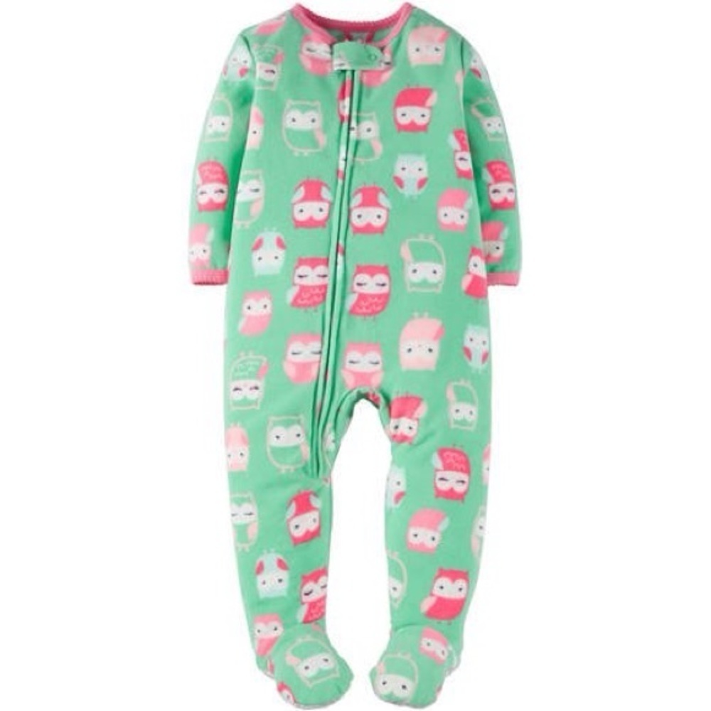 Turquoise and Pink Fleece Owl Print Footed Pajamas